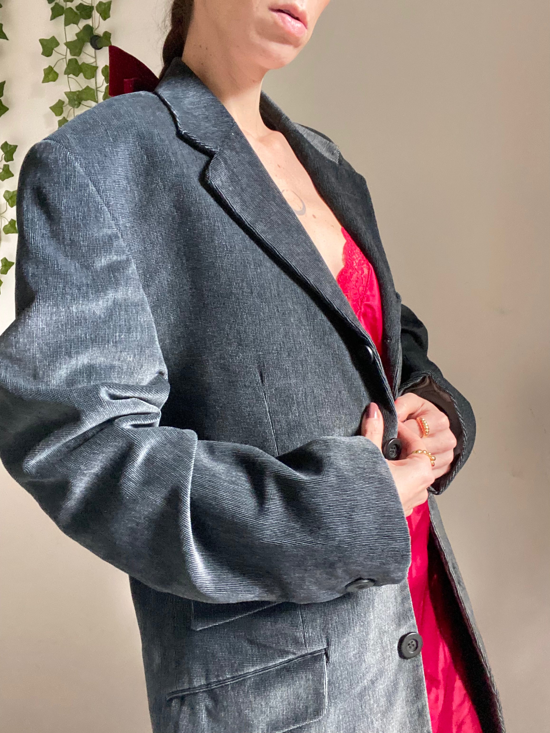 Blazer boxy in velluto monopetto antracite