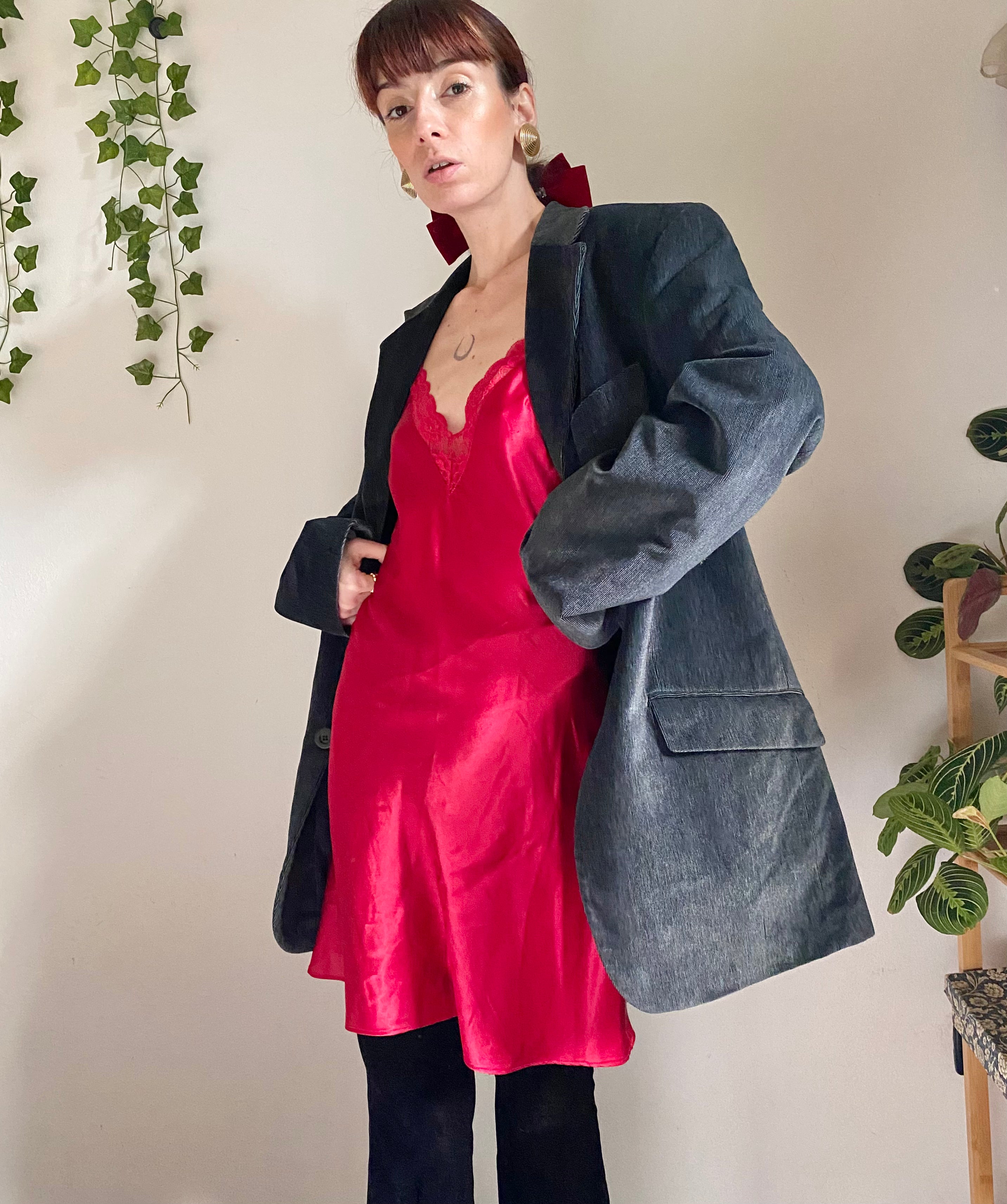 Blazer boxy in velluto monopetto antracite