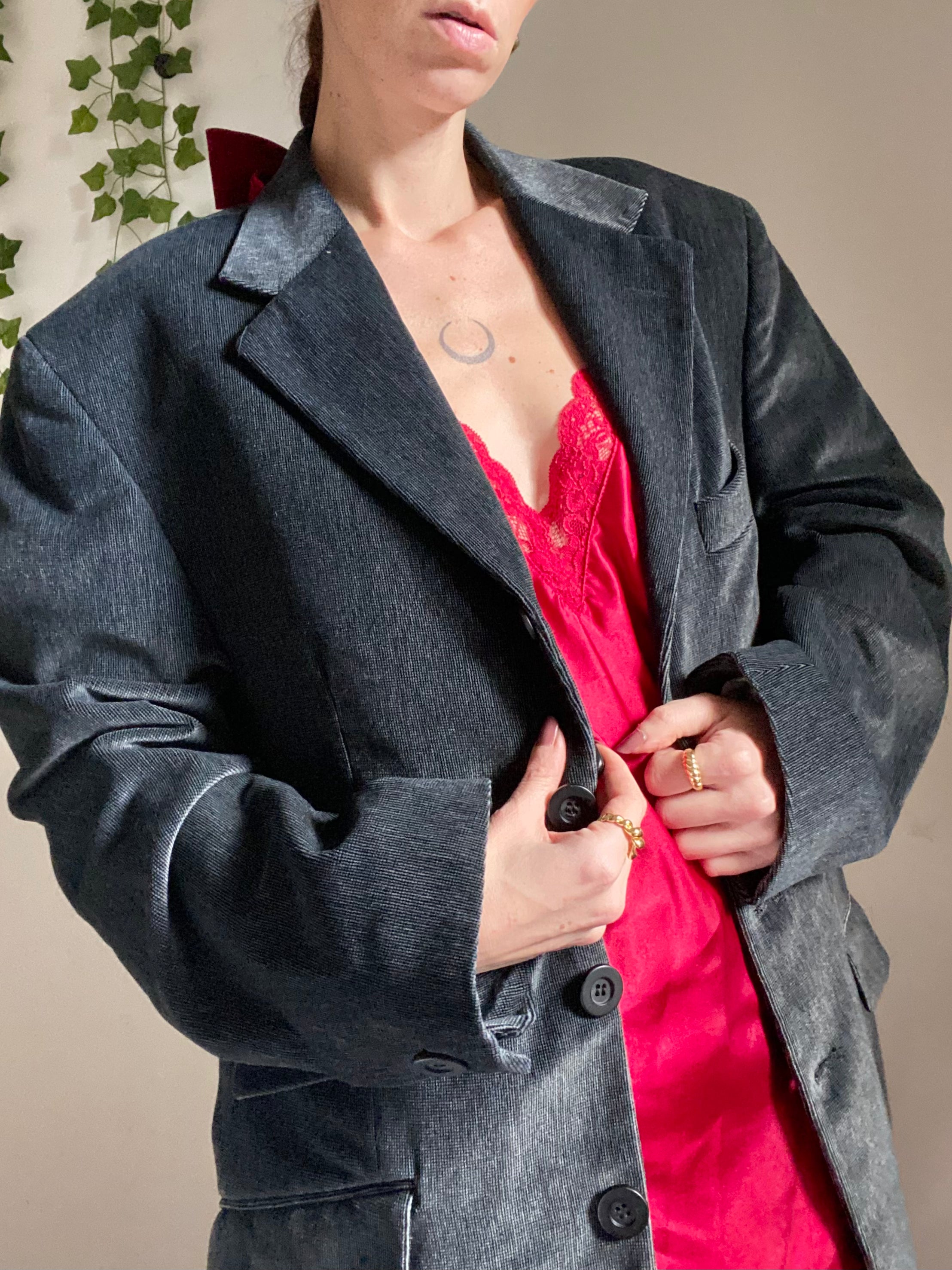 Blazer boxy in velluto monopetto antracite