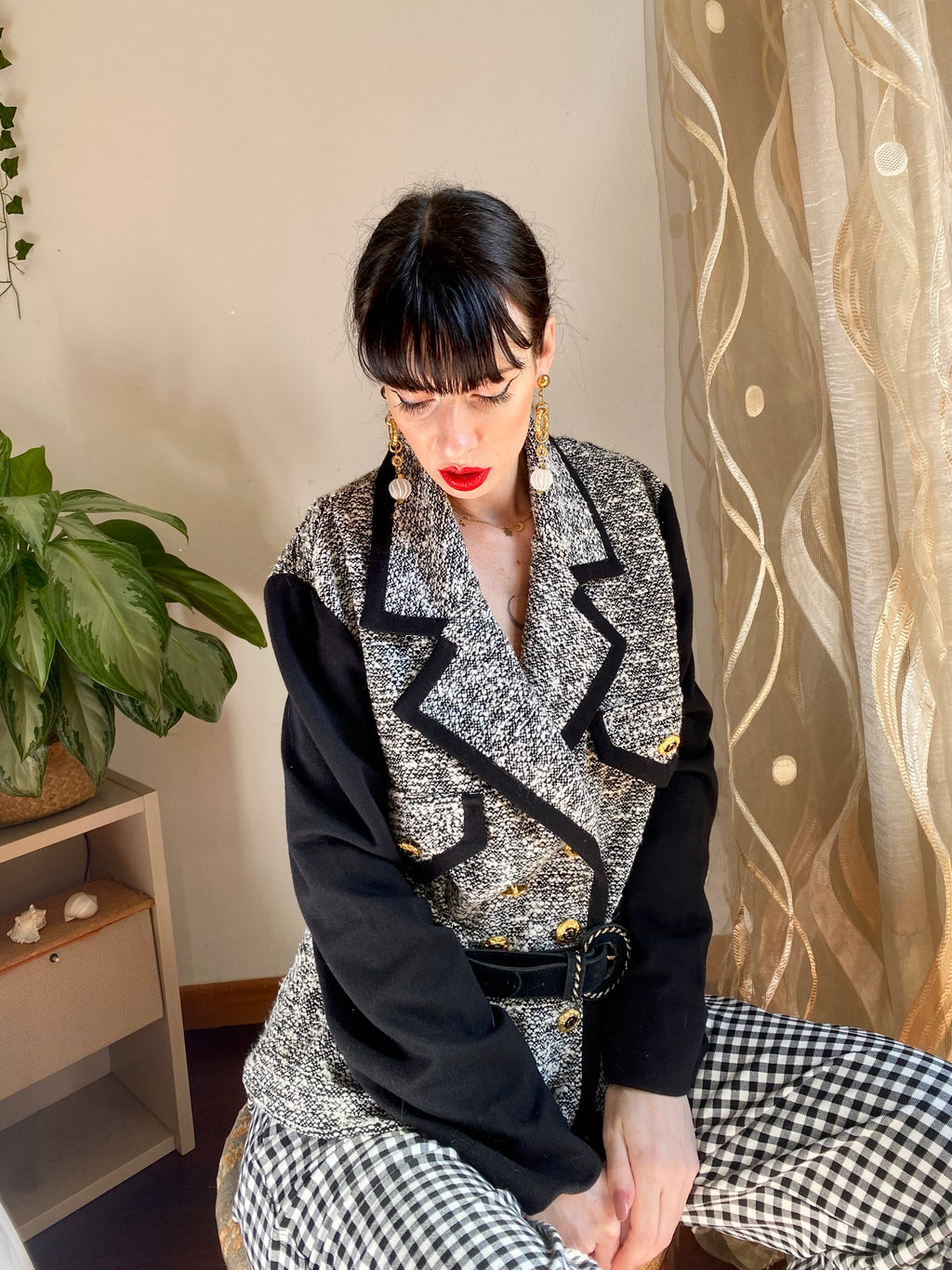 Blazer tweed doppio petto con bordi a contrasto