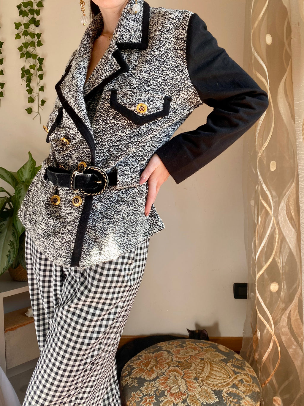 Blazer tweed doppio petto con bordi a contrasto