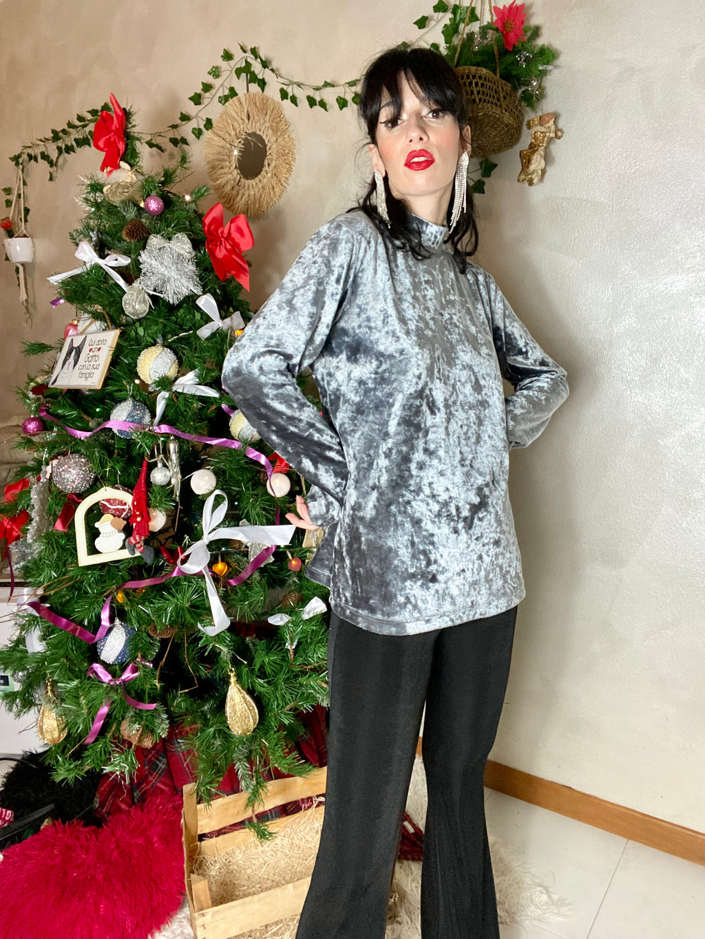 Pullover a collo alto in velluto antracite