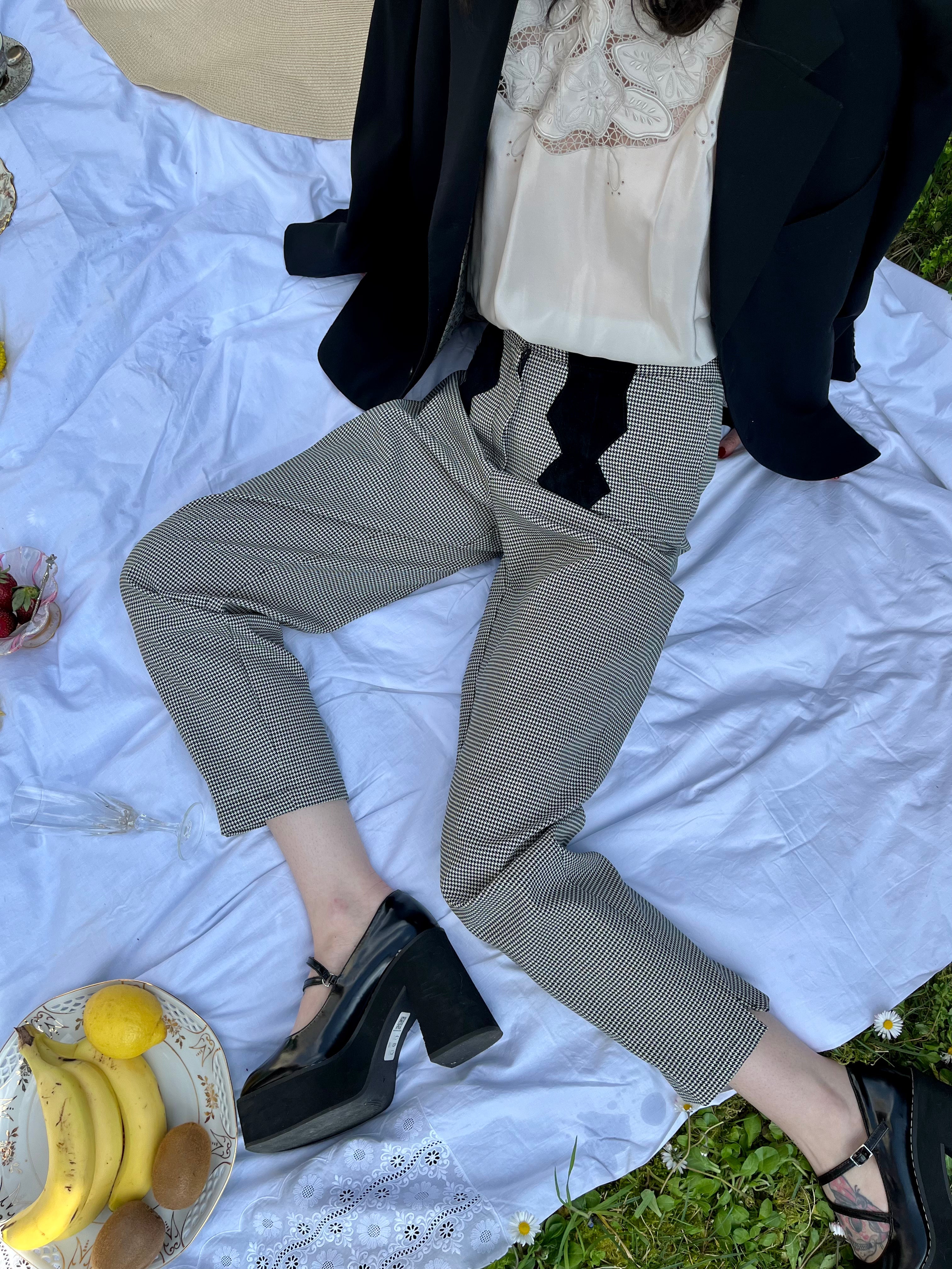 Pantalon pied-de-poule avec détails en velours