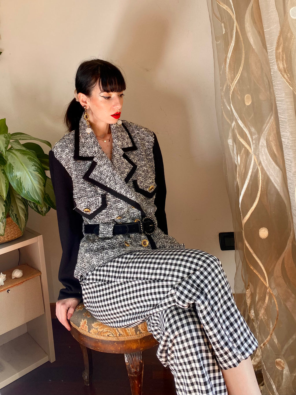 Blazer tweed doppio petto con bordi a contrasto