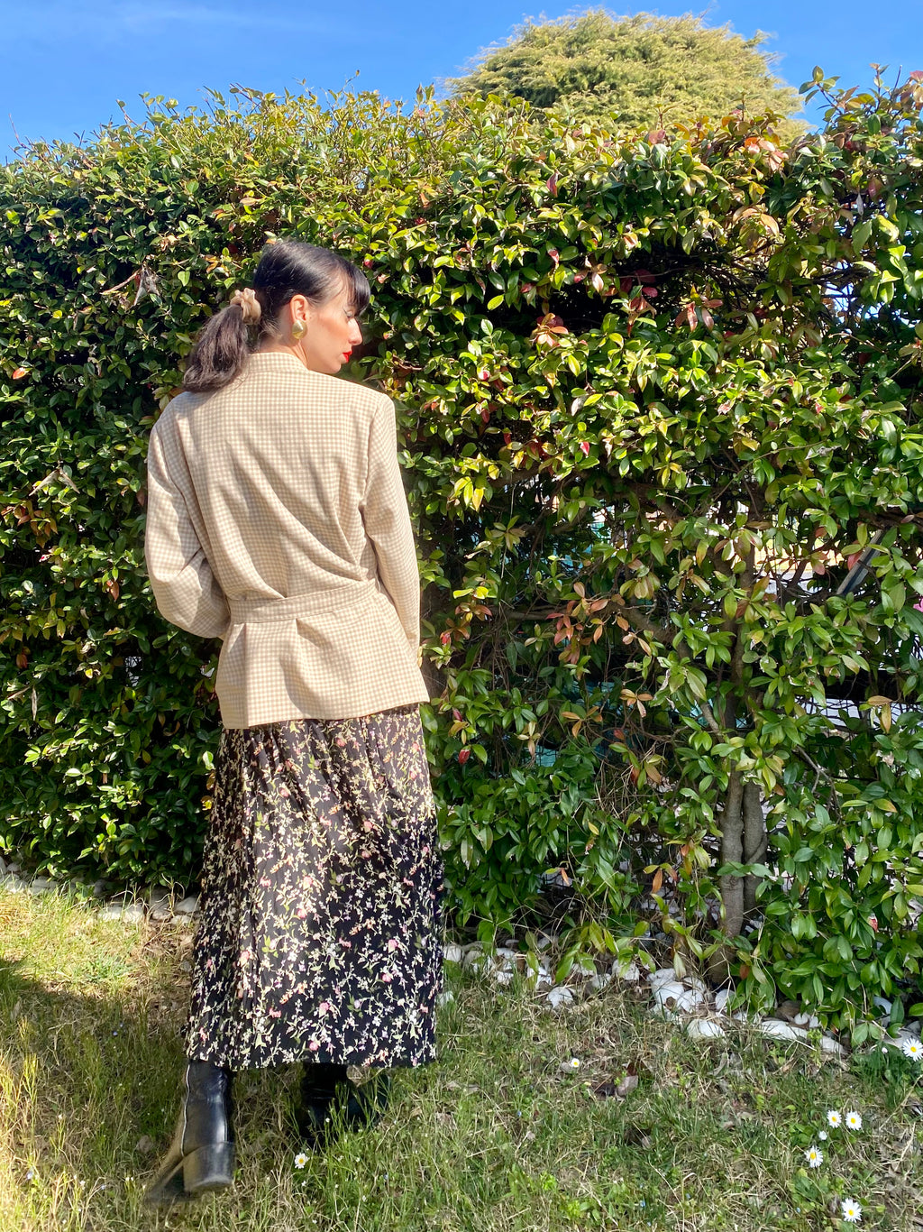 Blazer Vichy crema con cintura in vita
