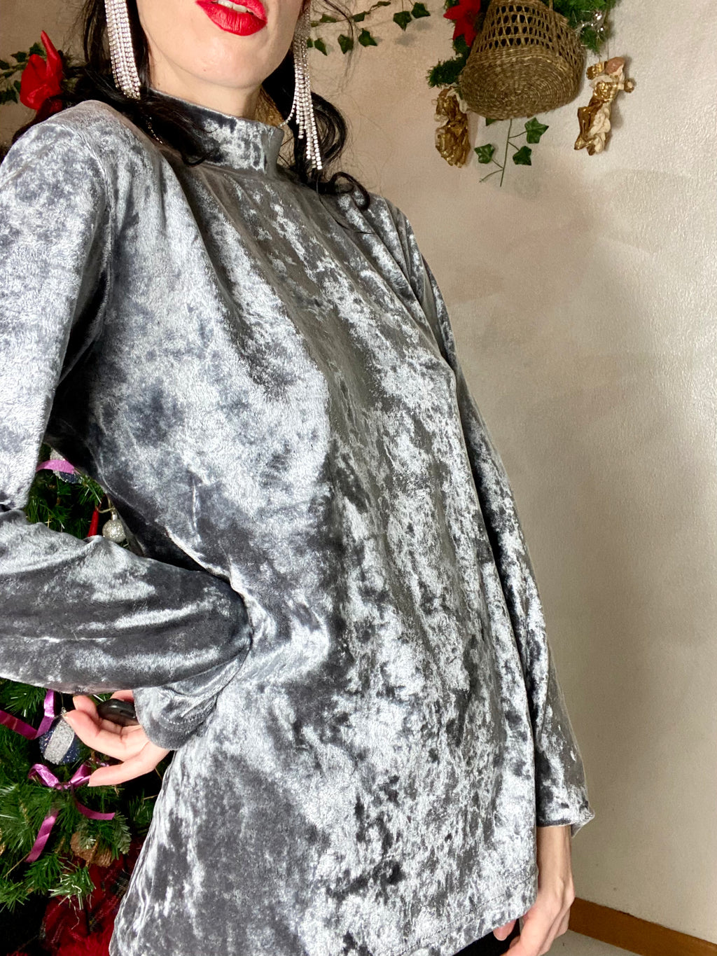 Pullover a collo alto in velluto antracite