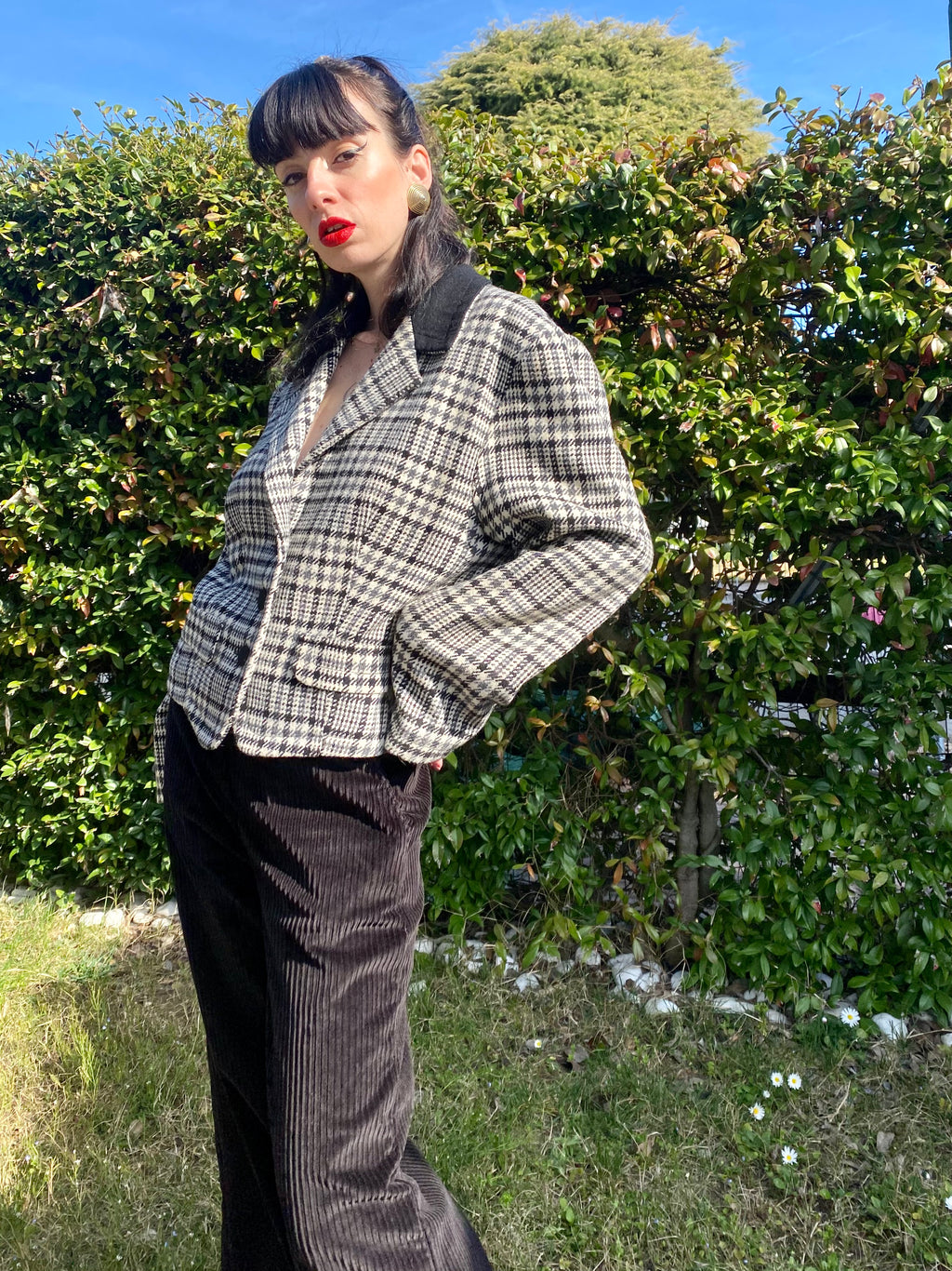 Blazer tartan stile cavallerizza con colletto in velluto