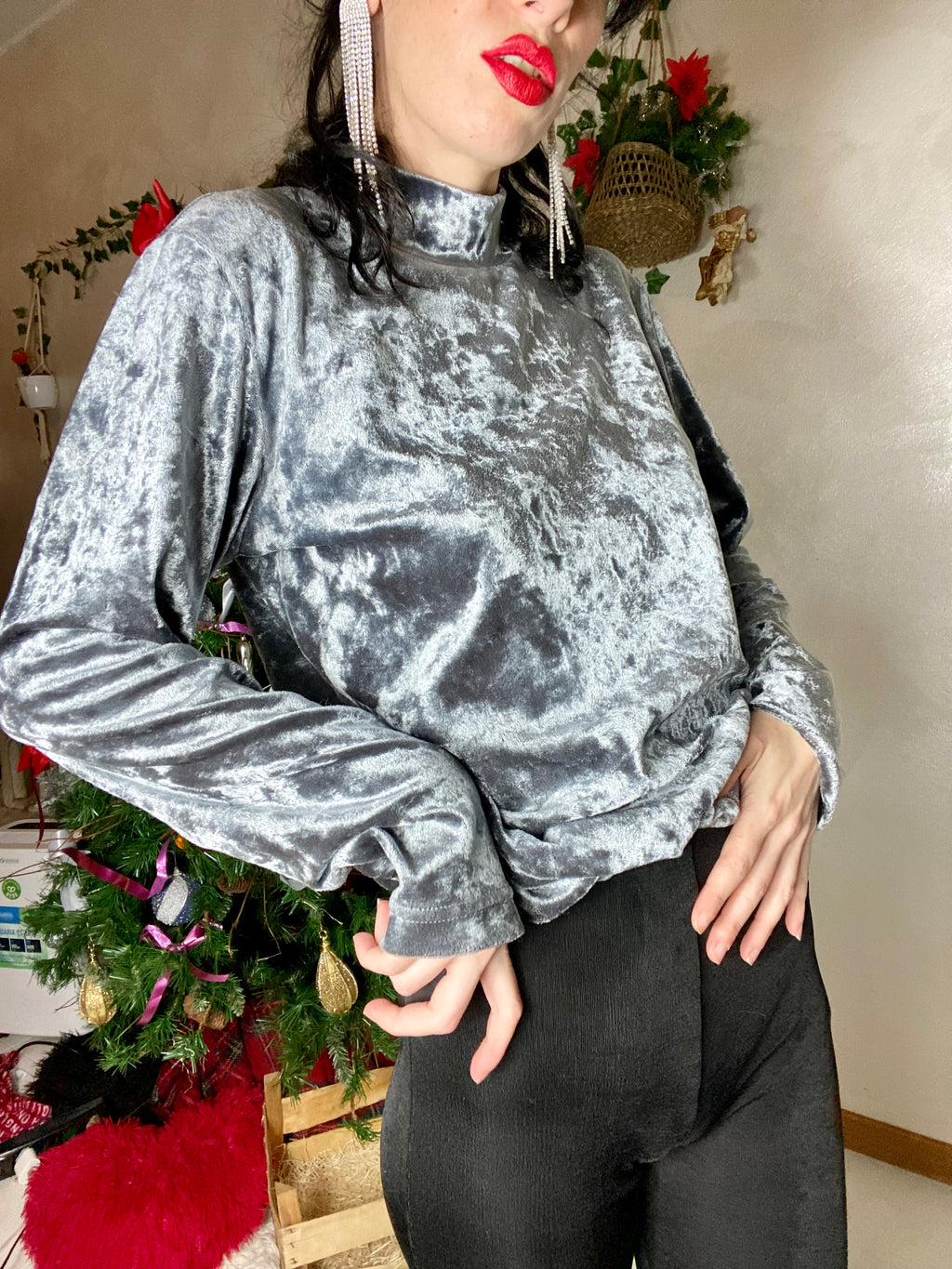 Pullover a collo alto in velluto antracite