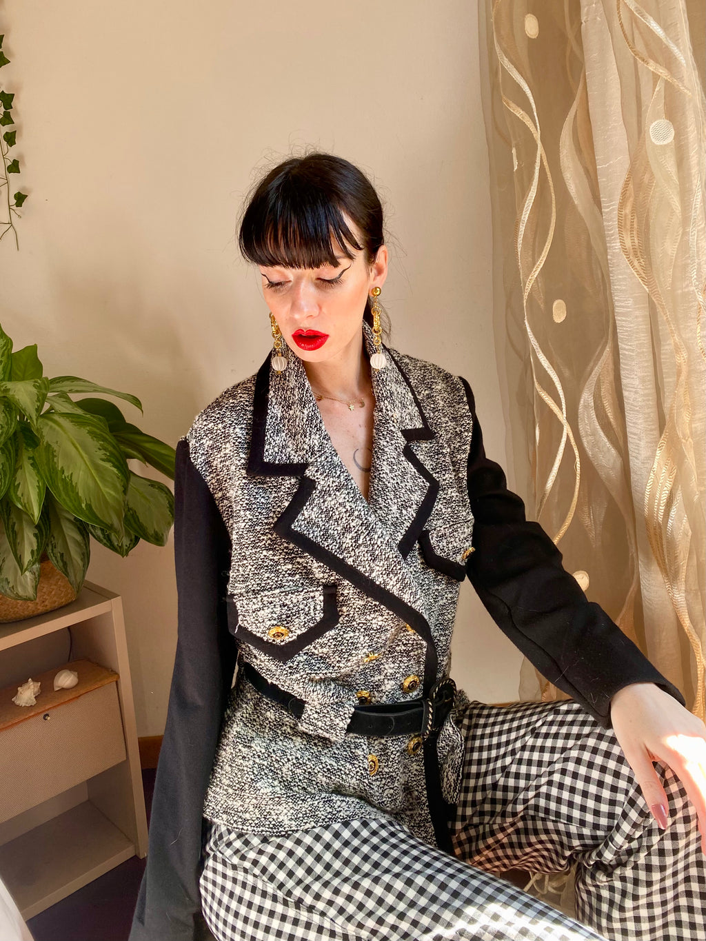 Blazer tweed doppio petto con bordi a contrasto