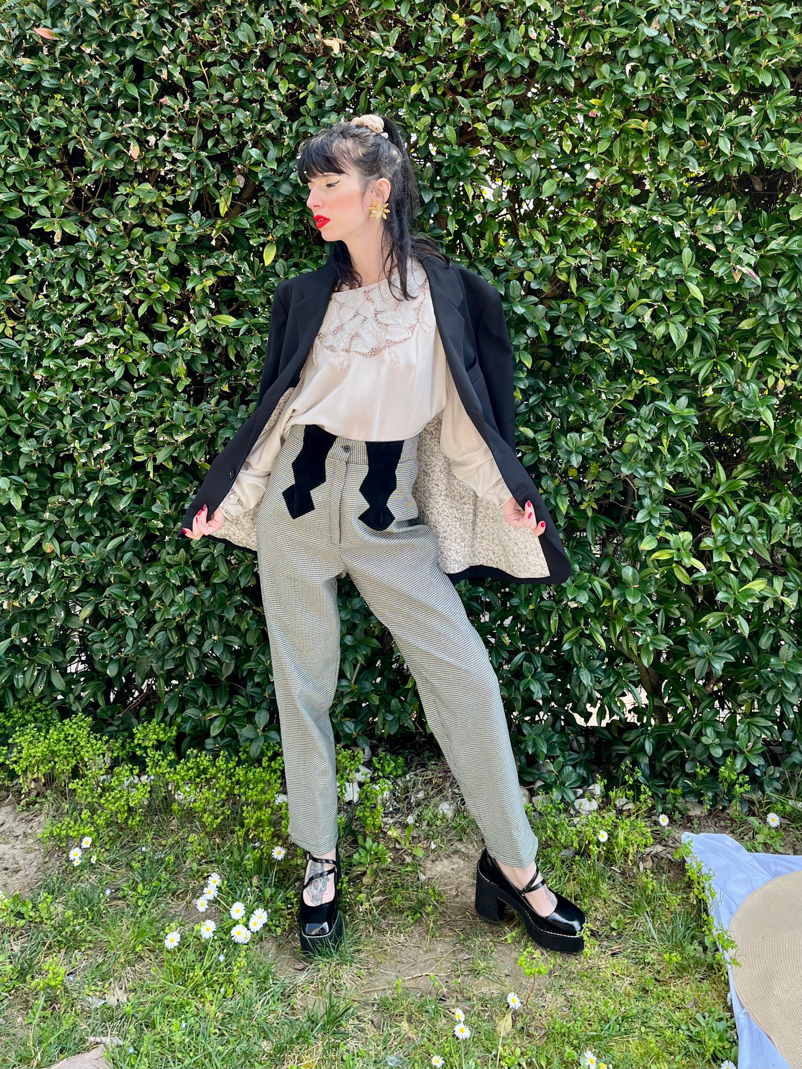 Pantalon pied-de-poule avec détails en velours