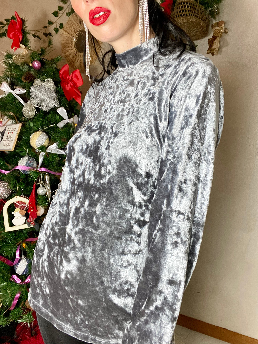 Pullover a collo alto in velluto antracite