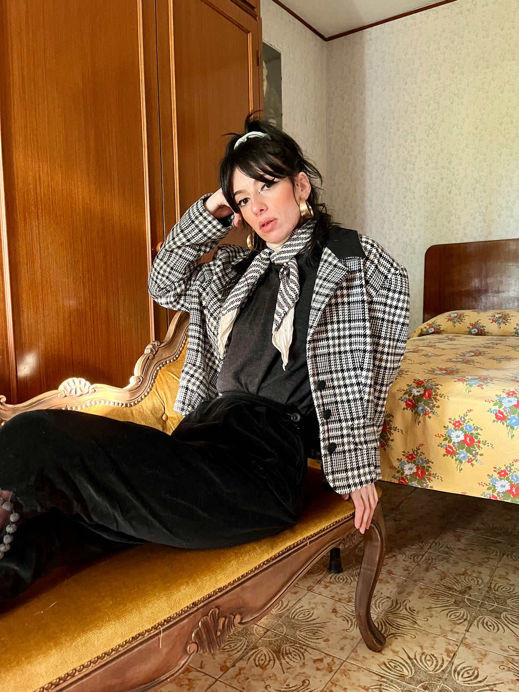Blazer tartan stile cavallerizza con colletto in velluto